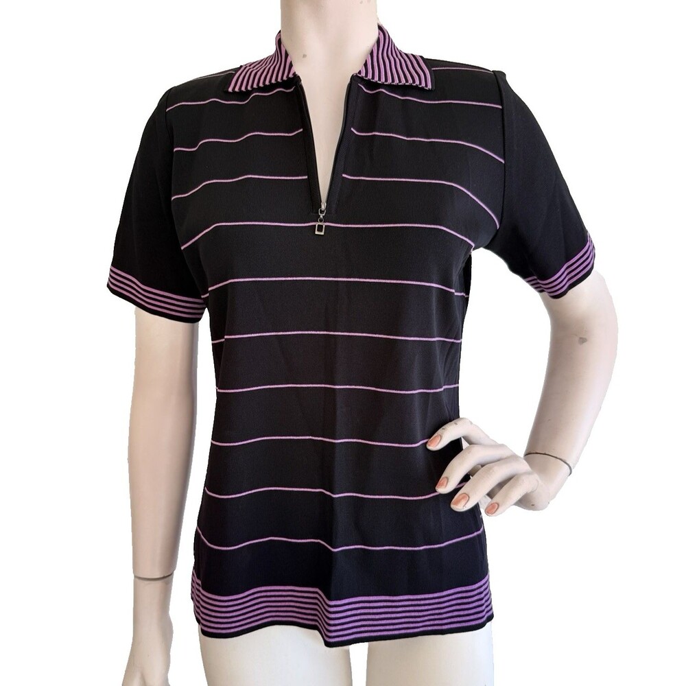 EXCLUSIVELY MISOOK Top NWT Black Purple Striped Short Sleeve Blouse Size XS